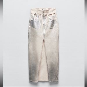 Metallic silver over off white denim skirt.